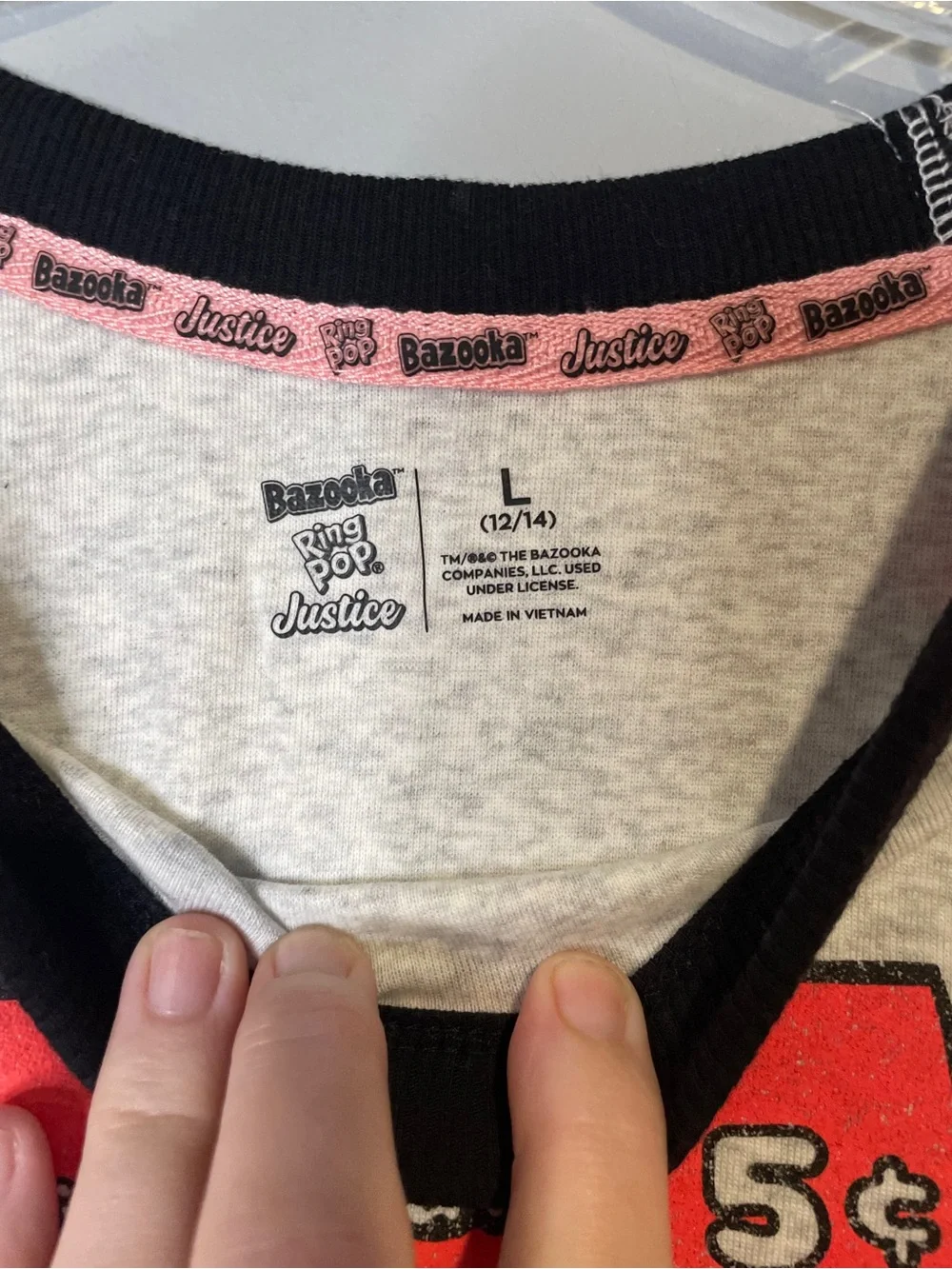 Justice Retro Pink Raglan Tee with Light Heather Gray Body Bazooka Gum